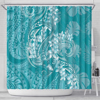Teal Polynesia Hammerhead Shark Tattoo With Plumeria Lei Shower Curtain LT14 - Polynesian Pride