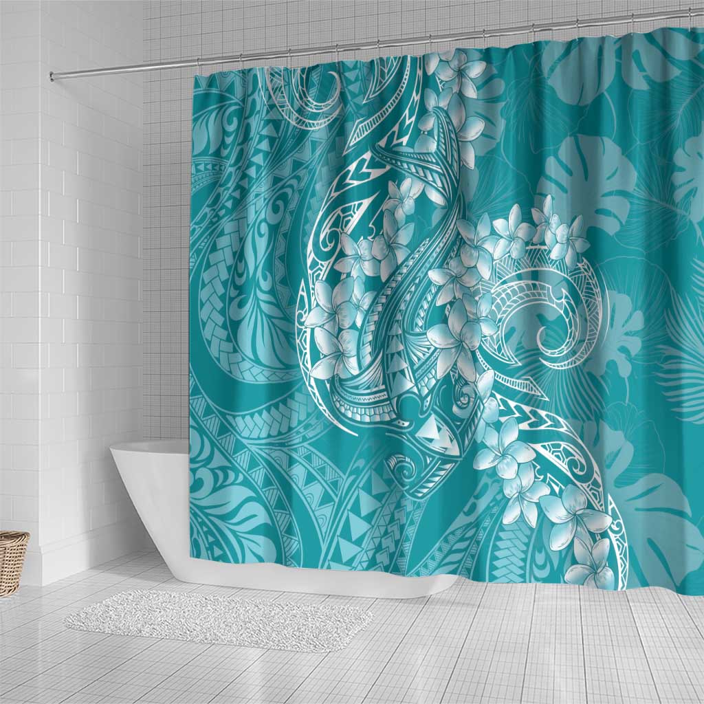 Teal Polynesia Hammerhead Shark Tattoo With Plumeria Lei Shower Curtain LT14 - Polynesian Pride