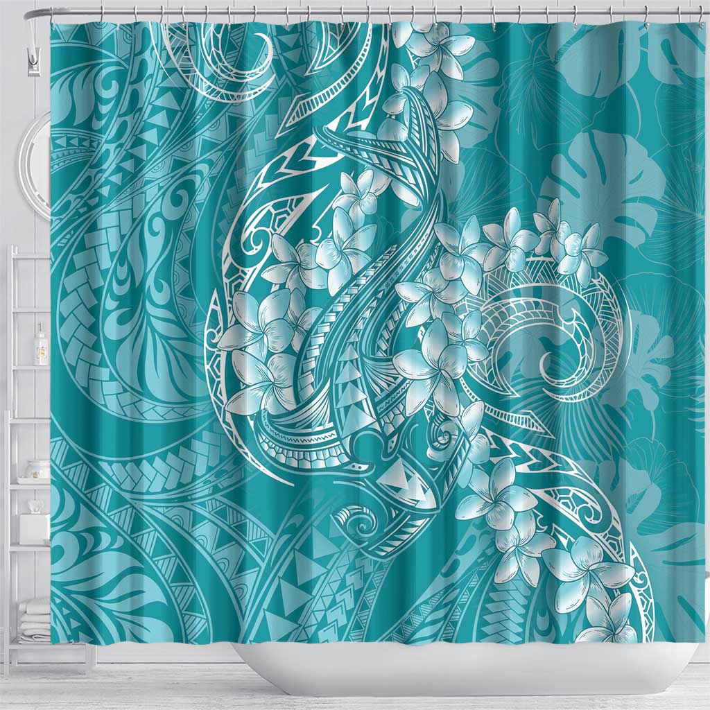 Teal Polynesia Hammerhead Shark Tattoo With Plumeria Lei Shower Curtain LT14 - Polynesian Pride