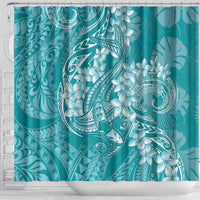 Teal Polynesia Hammerhead Shark Tattoo With Plumeria Lei Shower Curtain LT14 - Polynesian Pride