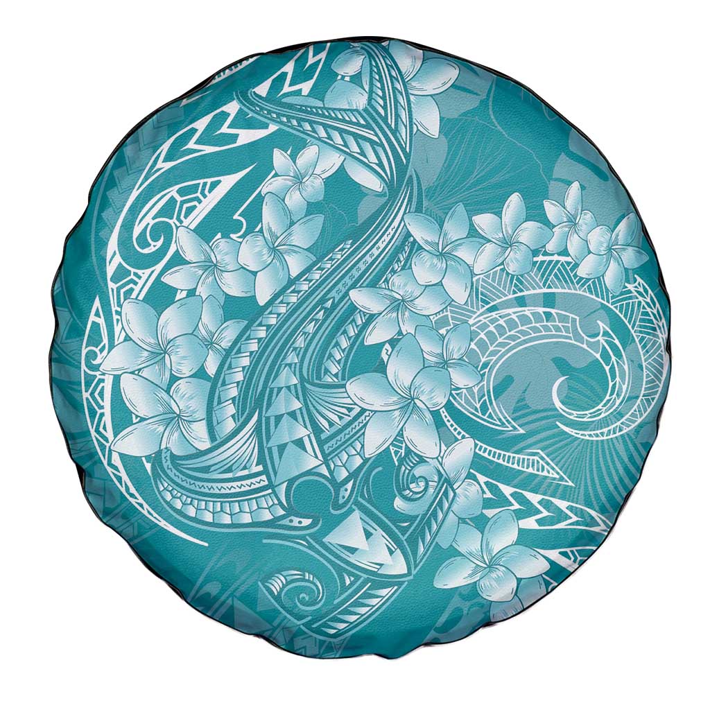 Teal Polynesia Hammerhead Shark Tattoo With Plumeria Lei Spare Tire Cover