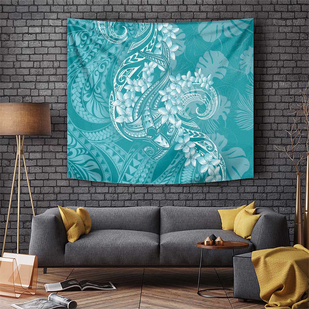 Teal Polynesia Hammerhead Shark Tattoo With Plumeria Lei Tapestry