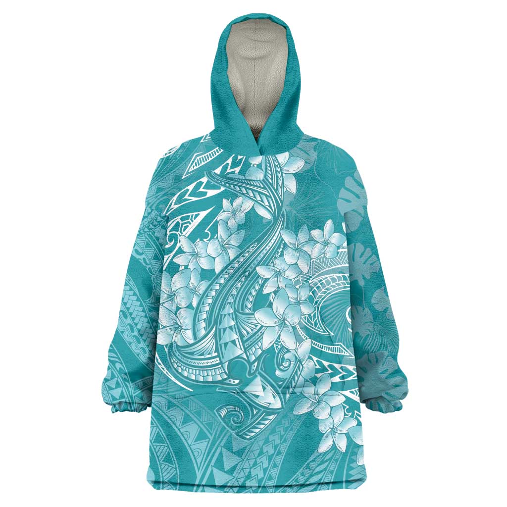 Teal Polynesia Hammerhead Shark Tattoo With Plumeria Lei Wearable Blanket Hoodie LT14 One Size Teal - Polynesian Pride