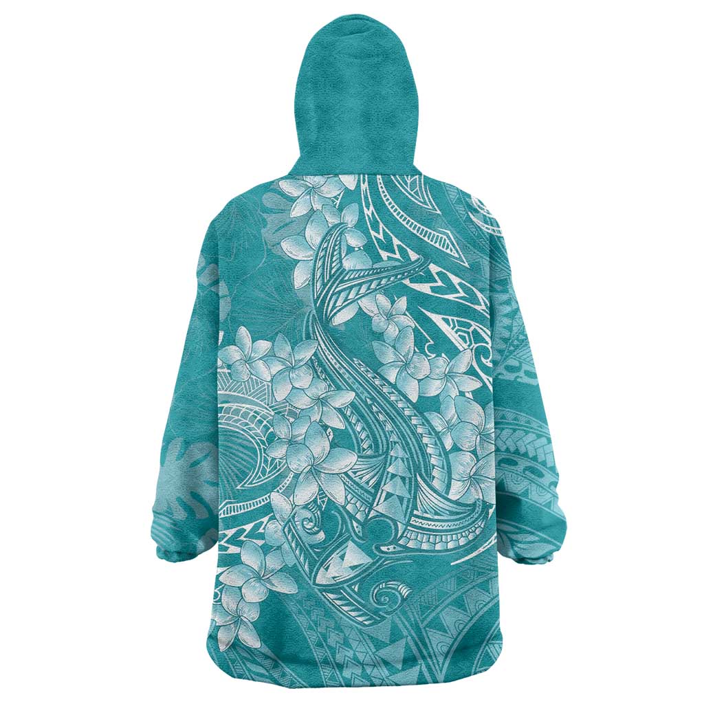 Teal Polynesia Hammerhead Shark Tattoo With Plumeria Lei Wearable Blanket Hoodie LT14 - Polynesian Pride