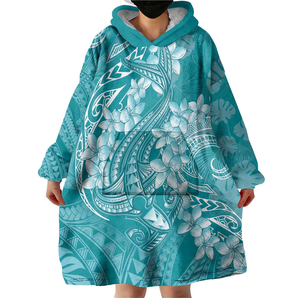 Teal Polynesia Hammerhead Shark Tattoo With Plumeria Lei Wearable Blanket Hoodie LT14 - Polynesian Pride