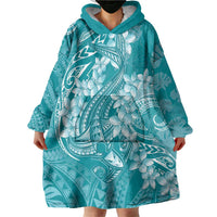Teal Polynesia Hammerhead Shark Tattoo With Plumeria Lei Wearable Blanket Hoodie LT14 - Polynesian Pride