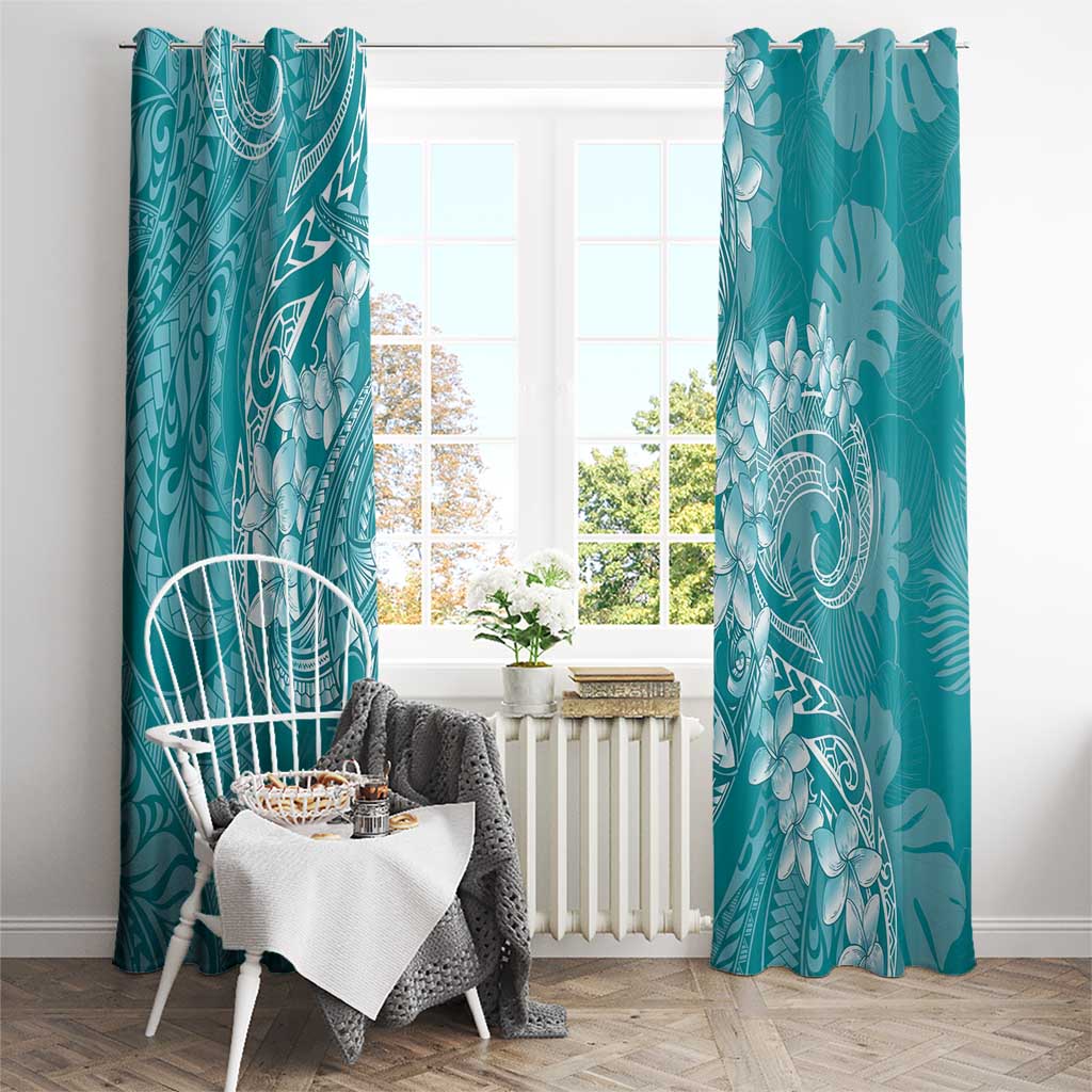 Teal Polynesia Hammerhead Shark Tattoo With Plumeria Lei Window Curtain