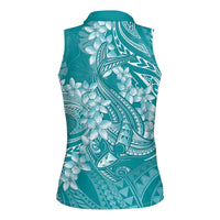 Teal Polynesia Hammerhead Shark Tattoo With Plumeria Lei Women Sleeveless Polo Shirt
