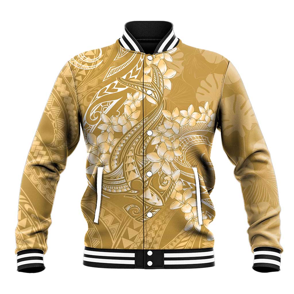 Yellow Polynesia Hammerhead Shark Tattoo With Plumeria Lei Baseball Jacket