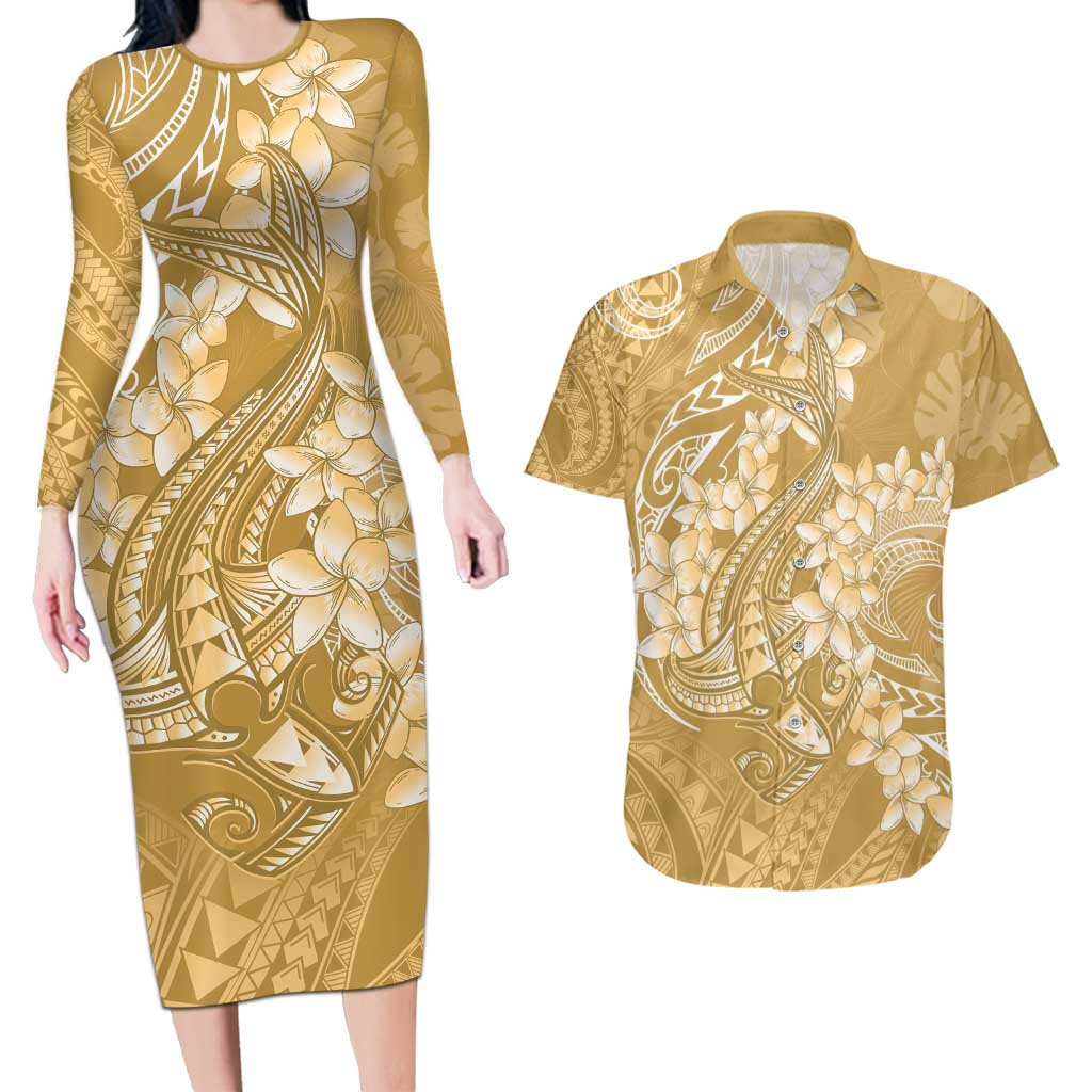 Yellow Polynesia Hammerhead Shark Tattoo With Plumeria Lei Couples Matching Long Sleeve Bodycon Dress and Hawaiian Shirt LT14 Yellow - Polynesian Pride