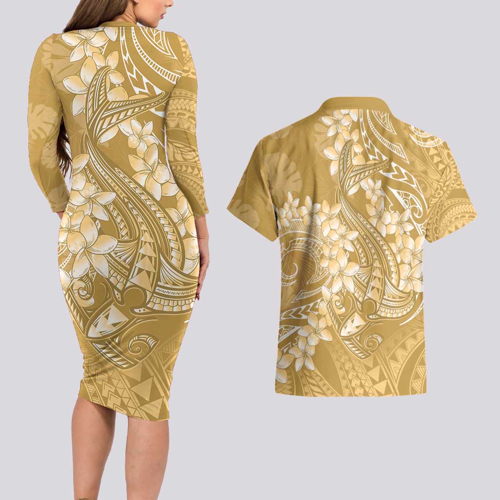 Yellow Polynesia Hammerhead Shark Tattoo With Plumeria Lei Couples Matching Long Sleeve Bodycon Dress and Hawaiian Shirt LT14 - Polynesian Pride