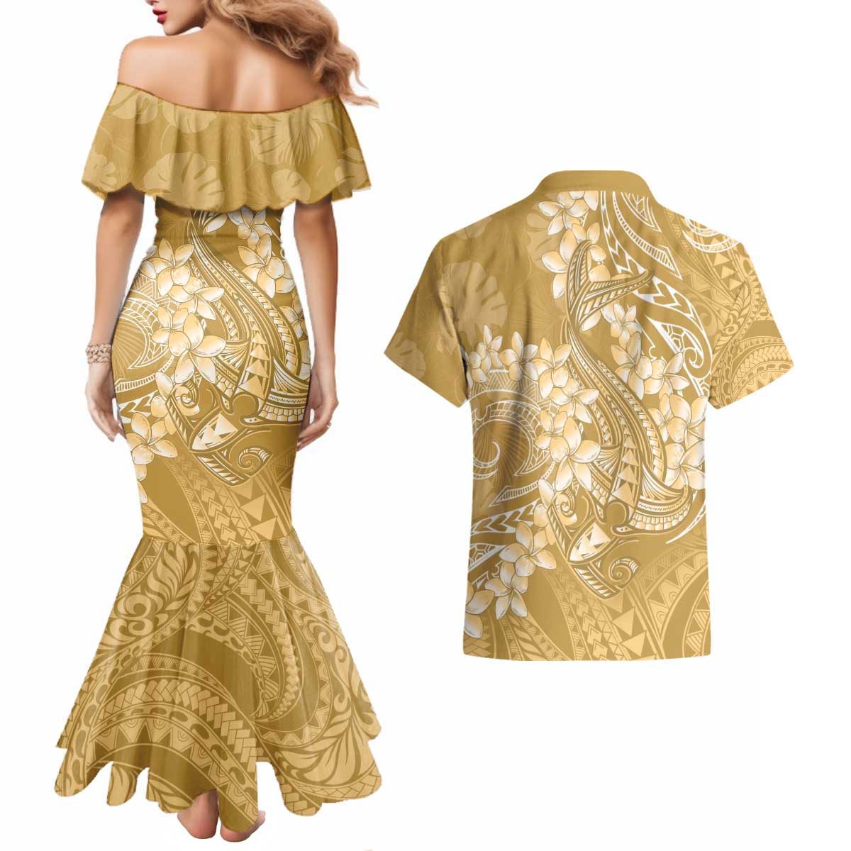Yellow Polynesia Hammerhead Shark Tattoo With Plumeria Lei Couples Matching Mermaid Dress and Hawaiian Shirt LT14 - Polynesian Pride