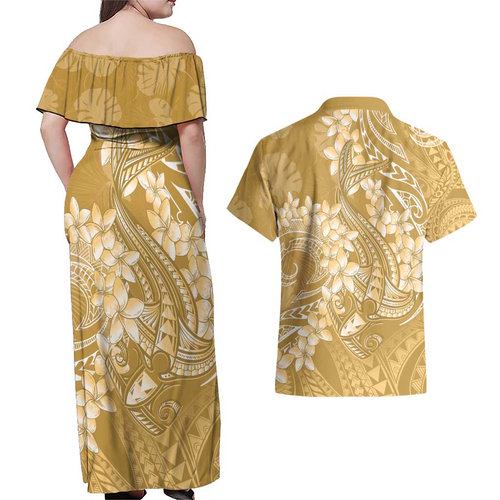 Yellow Polynesia Hammerhead Shark Tattoo With Plumeria Lei Couples Matching Off Shoulder Maxi Dress and Hawaiian Shirt LT14 - Polynesian Pride