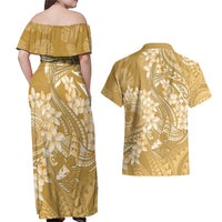 Yellow Polynesia Hammerhead Shark Tattoo With Plumeria Lei Couples Matching Off Shoulder Maxi Dress and Hawaiian Shirt LT14 - Polynesian Pride