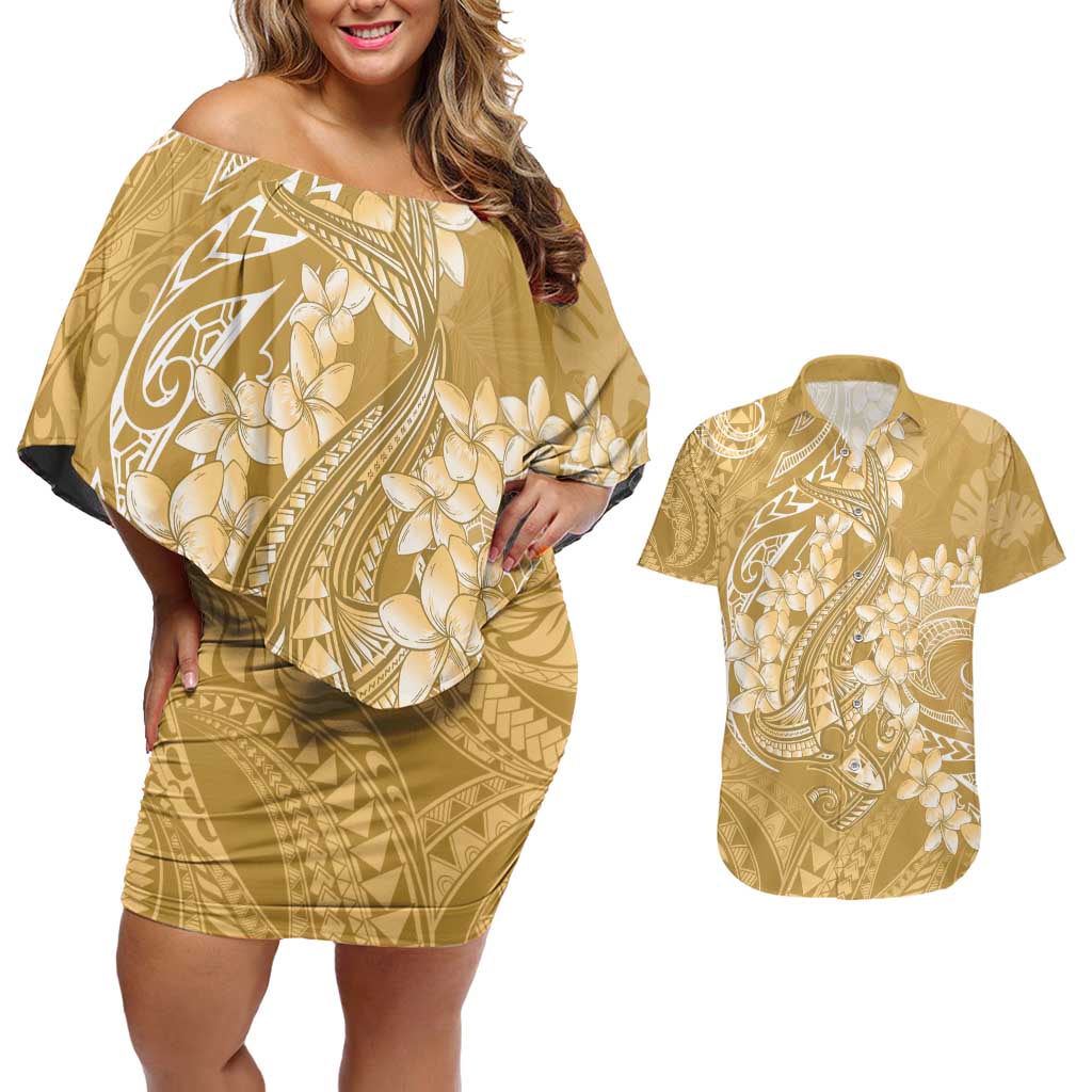 Yellow Polynesia Hammerhead Shark Tattoo With Plumeria Lei Couples Matching Off Shoulder Short Dress and Hawaiian Shirt LT14 Yellow - Polynesian Pride