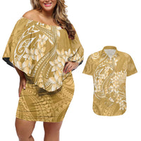 Yellow Polynesia Hammerhead Shark Tattoo With Plumeria Lei Couples Matching Off Shoulder Short Dress and Hawaiian Shirt LT14 Yellow - Polynesian Pride