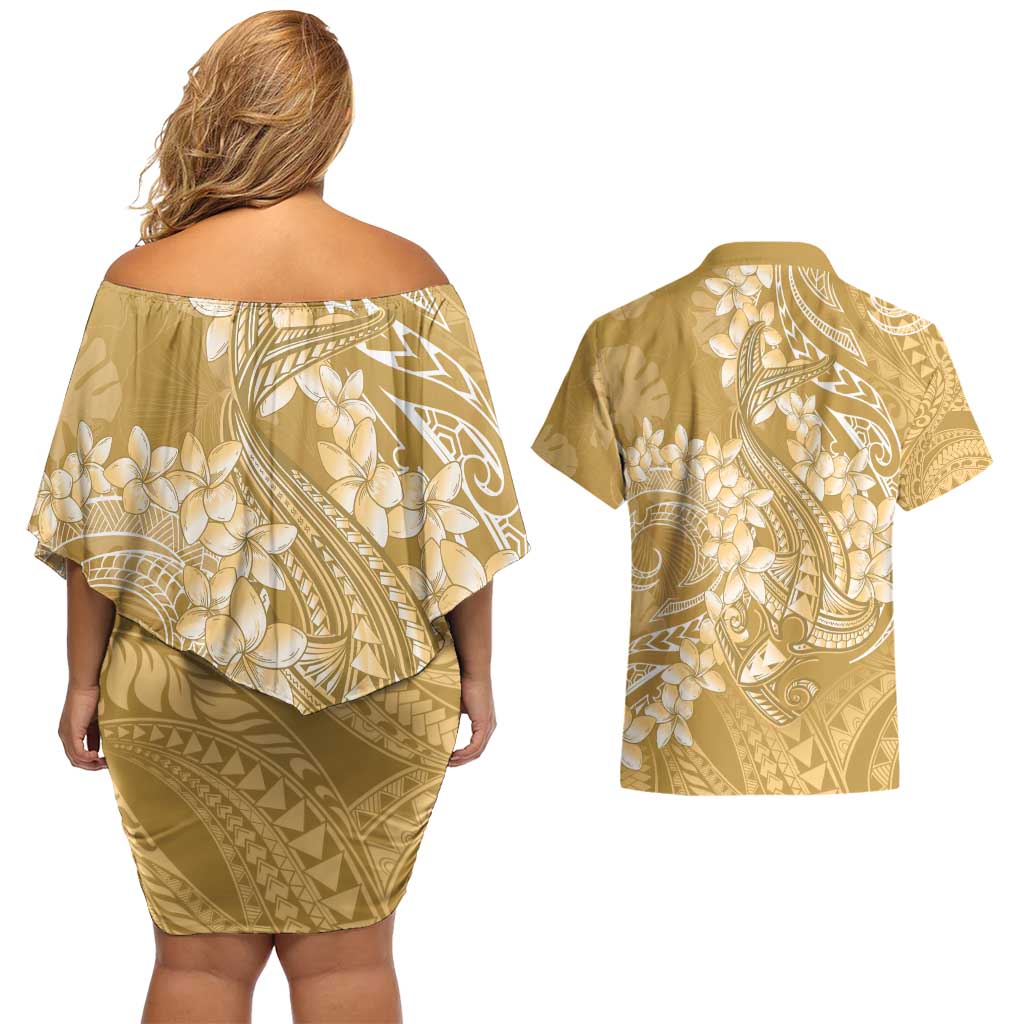 Yellow Polynesia Hammerhead Shark Tattoo With Plumeria Lei Couples Matching Off Shoulder Short Dress and Hawaiian Shirt LT14 - Polynesian Pride