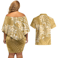 Yellow Polynesia Hammerhead Shark Tattoo With Plumeria Lei Couples Matching Off Shoulder Short Dress and Hawaiian Shirt LT14 - Polynesian Pride