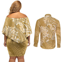 Yellow Polynesia Hammerhead Shark Tattoo With Plumeria Lei Couples Matching Off Shoulder Short Dress and Long Sleeve Button Shirt