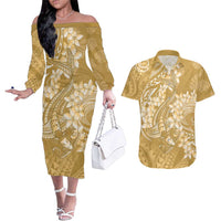 Yellow Polynesia Hammerhead Shark Tattoo With Plumeria Lei Couples Matching Off The Shoulder Long Sleeve Dress and Hawaiian Shirt LT14 Yellow - Polynesian Pride