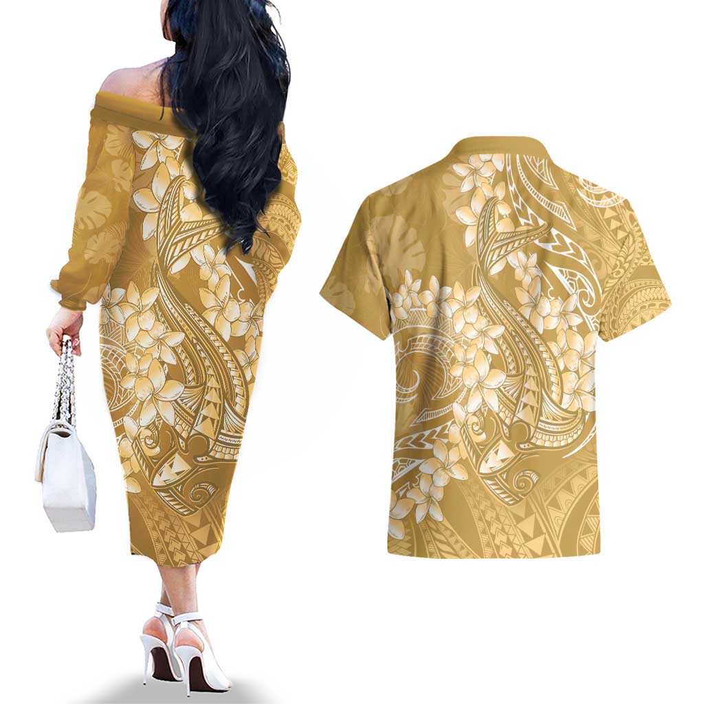 Yellow Polynesia Hammerhead Shark Tattoo With Plumeria Lei Couples Matching Off The Shoulder Long Sleeve Dress and Hawaiian Shirt LT14 - Polynesian Pride