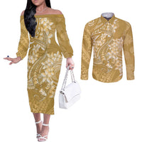 Yellow Polynesia Hammerhead Shark Tattoo With Plumeria Lei Couples Matching Off The Shoulder Long Sleeve Dress and Long Sleeve Button Shirt LT14 Yellow - Polynesian Pride
