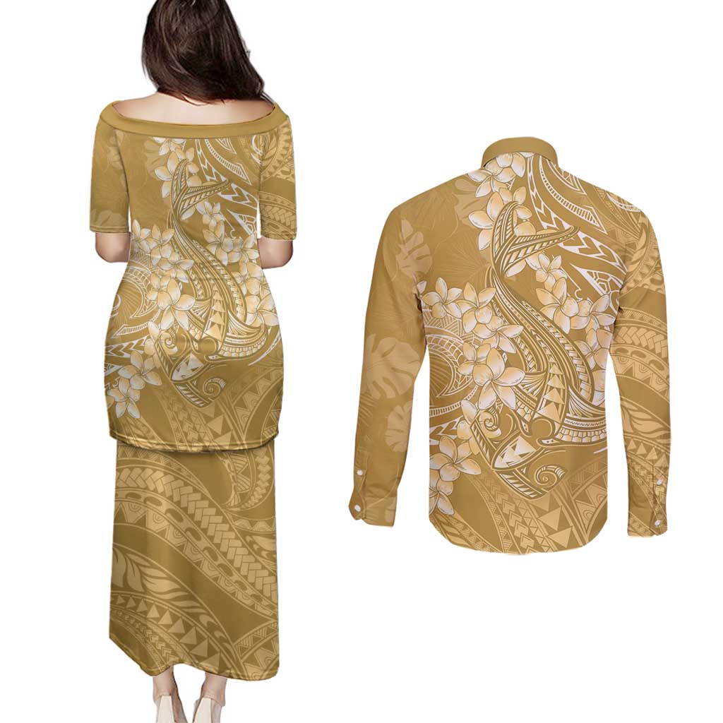 Yellow Polynesia Hammerhead Shark Tattoo With Plumeria Lei Couples Matching Puletasi and Long Sleeve Button Shirt