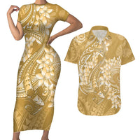 Yellow Polynesia Hammerhead Shark Tattoo With Plumeria Lei Couples Matching Short Sleeve Bodycon Dress and Hawaiian Shirt LT14 Yellow - Polynesian Pride
