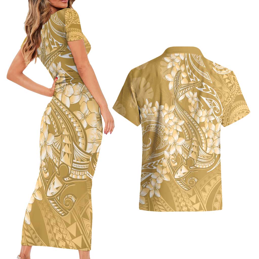 Yellow Polynesia Hammerhead Shark Tattoo With Plumeria Lei Couples Matching Short Sleeve Bodycon Dress and Hawaiian Shirt LT14 - Polynesian Pride