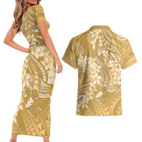 Yellow Polynesia Hammerhead Shark Tattoo With Plumeria Lei Couples Matching Short Sleeve Bodycon Dress and Hawaiian Shirt LT14 - Polynesian Pride