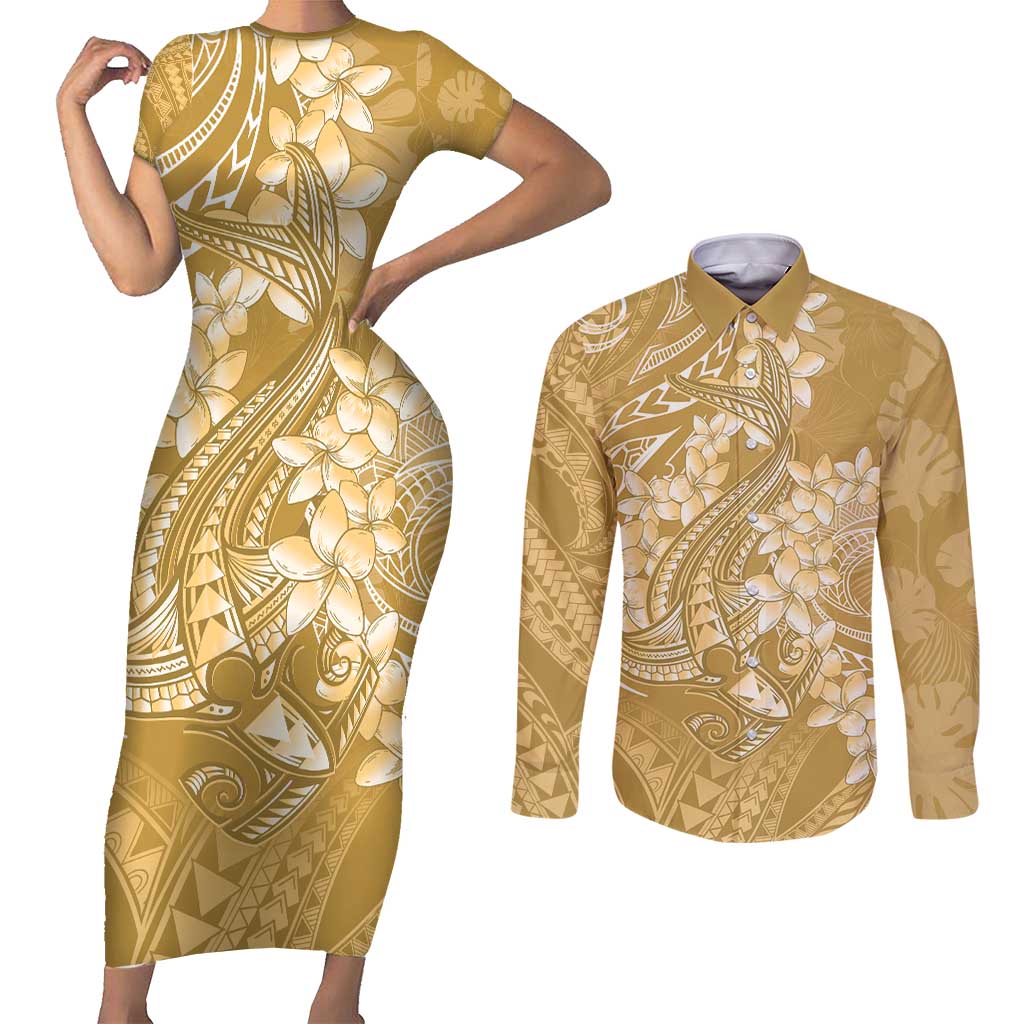 Yellow Polynesia Hammerhead Shark Tattoo With Plumeria Lei Couples Matching Short Sleeve Bodycon Dress and Long Sleeve Button Shirt