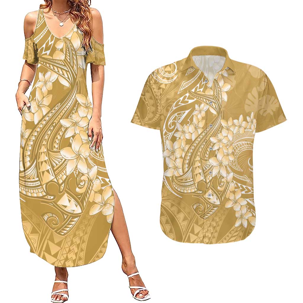 Yellow Polynesia Hammerhead Shark Tattoo With Plumeria Lei Couples Matching Summer Maxi Dress and Hawaiian Shirt LT14 Yellow - Polynesian Pride