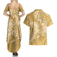 Yellow Polynesia Hammerhead Shark Tattoo With Plumeria Lei Couples Matching Summer Maxi Dress and Hawaiian Shirt LT14 - Polynesian Pride