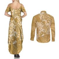 Yellow Polynesia Hammerhead Shark Tattoo With Plumeria Lei Couples Matching Summer Maxi Dress and Long Sleeve Button Shirt