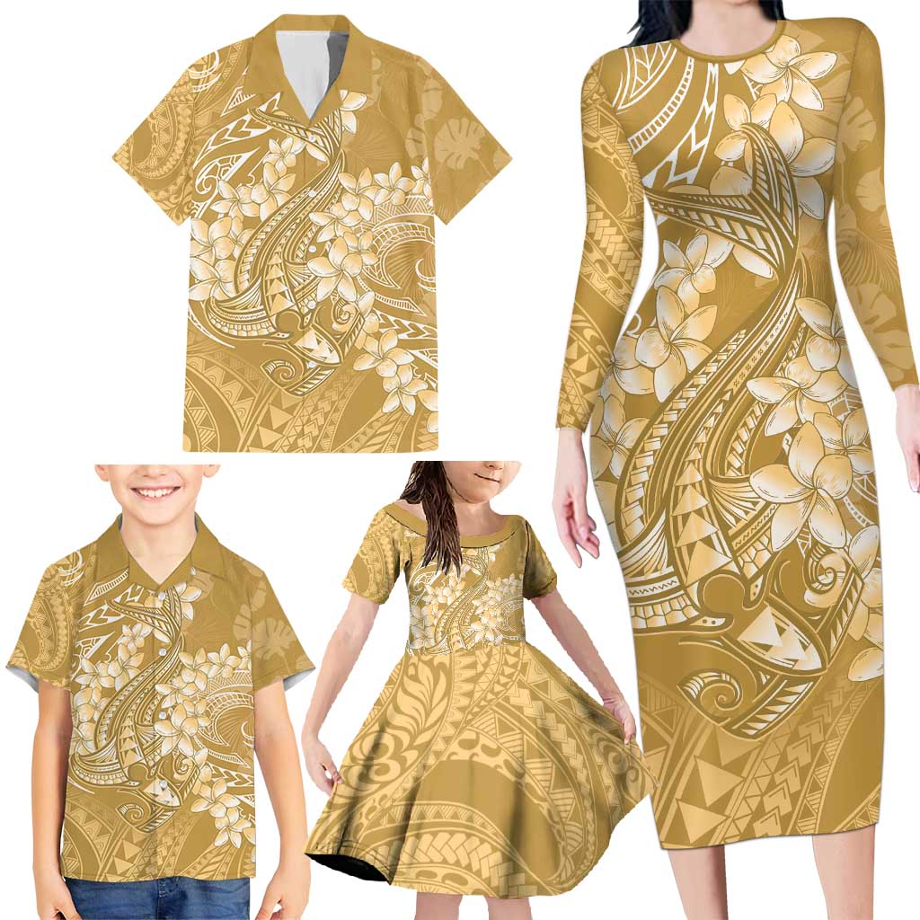 Yellow Polynesia Hammerhead Shark Tattoo With Plumeria Lei Family Matching Long Sleeve Bodycon Dress and Hawaiian Shirt LT14 - Polynesian Pride