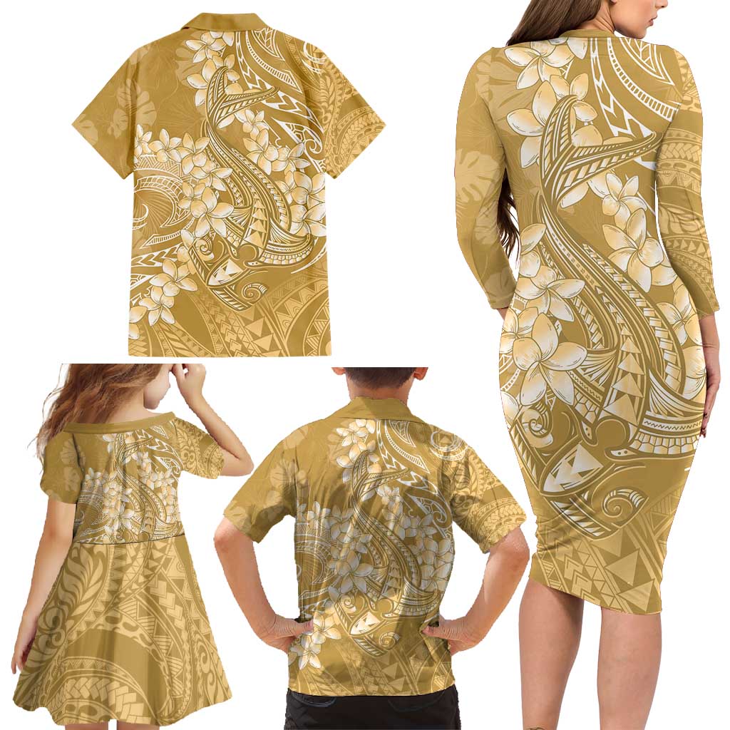 Yellow Polynesia Hammerhead Shark Tattoo With Plumeria Lei Family Matching Long Sleeve Bodycon Dress and Hawaiian Shirt LT14 - Polynesian Pride