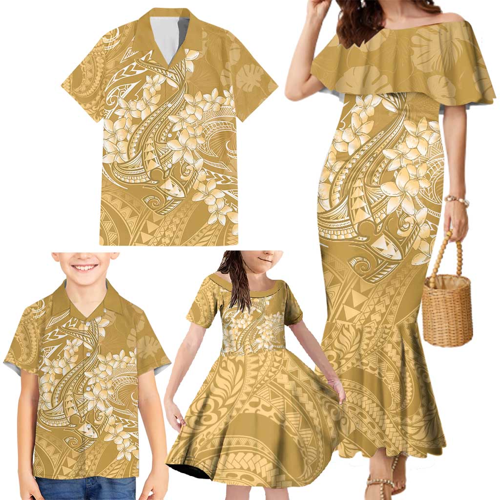 Yellow Polynesia Hammerhead Shark Tattoo With Plumeria Lei Family Matching Mermaid Dress and Hawaiian Shirt