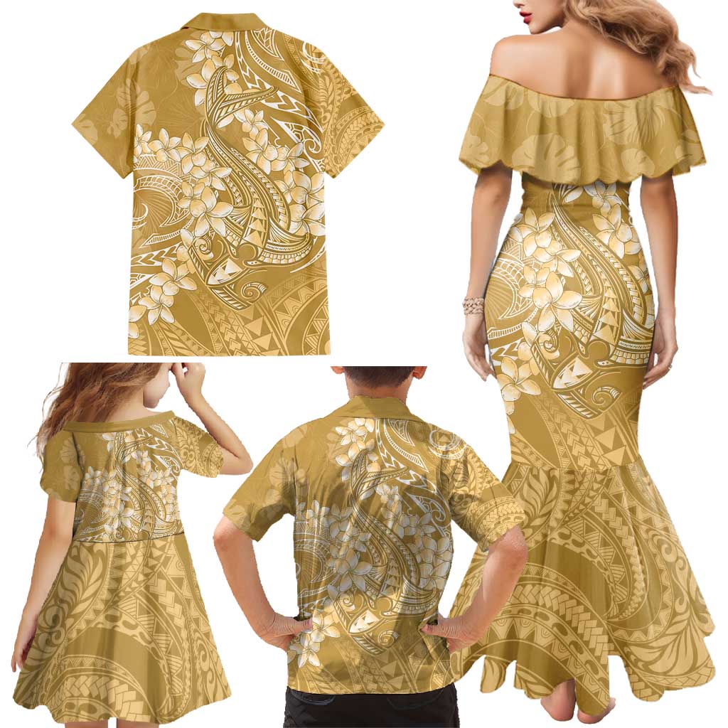 Yellow Polynesia Hammerhead Shark Tattoo With Plumeria Lei Family Matching Mermaid Dress and Hawaiian Shirt LT14 - Polynesian Pride