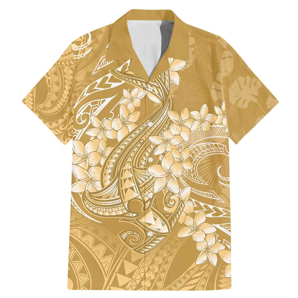 Yellow Polynesia Hammerhead Shark Tattoo With Plumeria Lei Family Matching Mermaid Dress and Hawaiian Shirt LT14 Dad's Shirt - Short Sleeve Yellow - Polynesian Pride