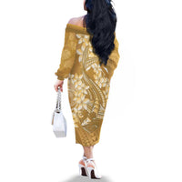 Yellow Polynesia Hammerhead Shark Tattoo With Plumeria Lei Family Matching Off The Shoulder Long Sleeve Dress and Hawaiian Shirt LT14 - Polynesian Pride