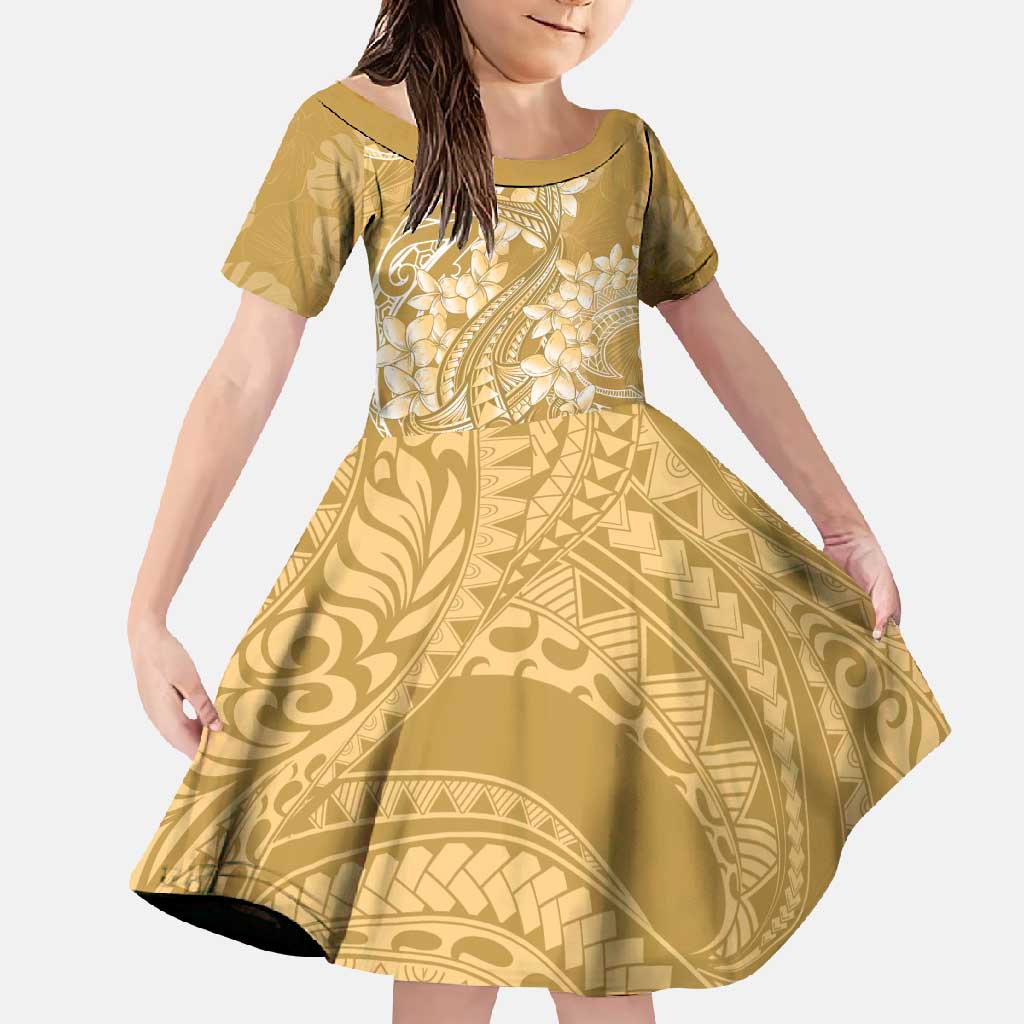 Yellow Polynesia Hammerhead Shark Tattoo With Plumeria Lei Family Matching Off Shoulder Maxi Dress and Hawaiian Shirt LT14 Daughter's Dress Yellow - Polynesian Pride