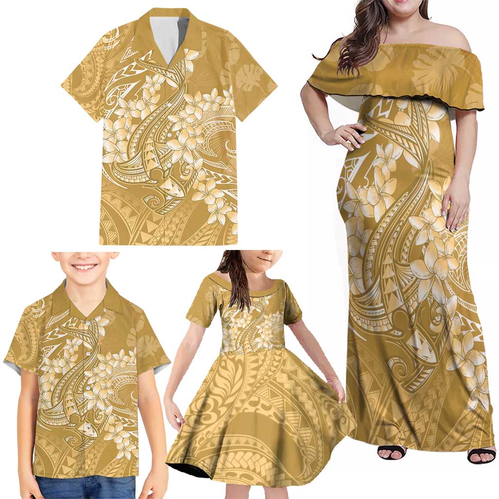 Yellow Polynesia Hammerhead Shark Tattoo With Plumeria Lei Family Matching Off Shoulder Maxi Dress and Hawaiian Shirt LT14 - Polynesian Pride
