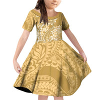 Yellow Polynesia Hammerhead Shark Tattoo With Plumeria Lei Family Matching Off Shoulder Short Dress and Hawaiian Shirt LT14 Daughter's Dress Yellow - Polynesian Pride
