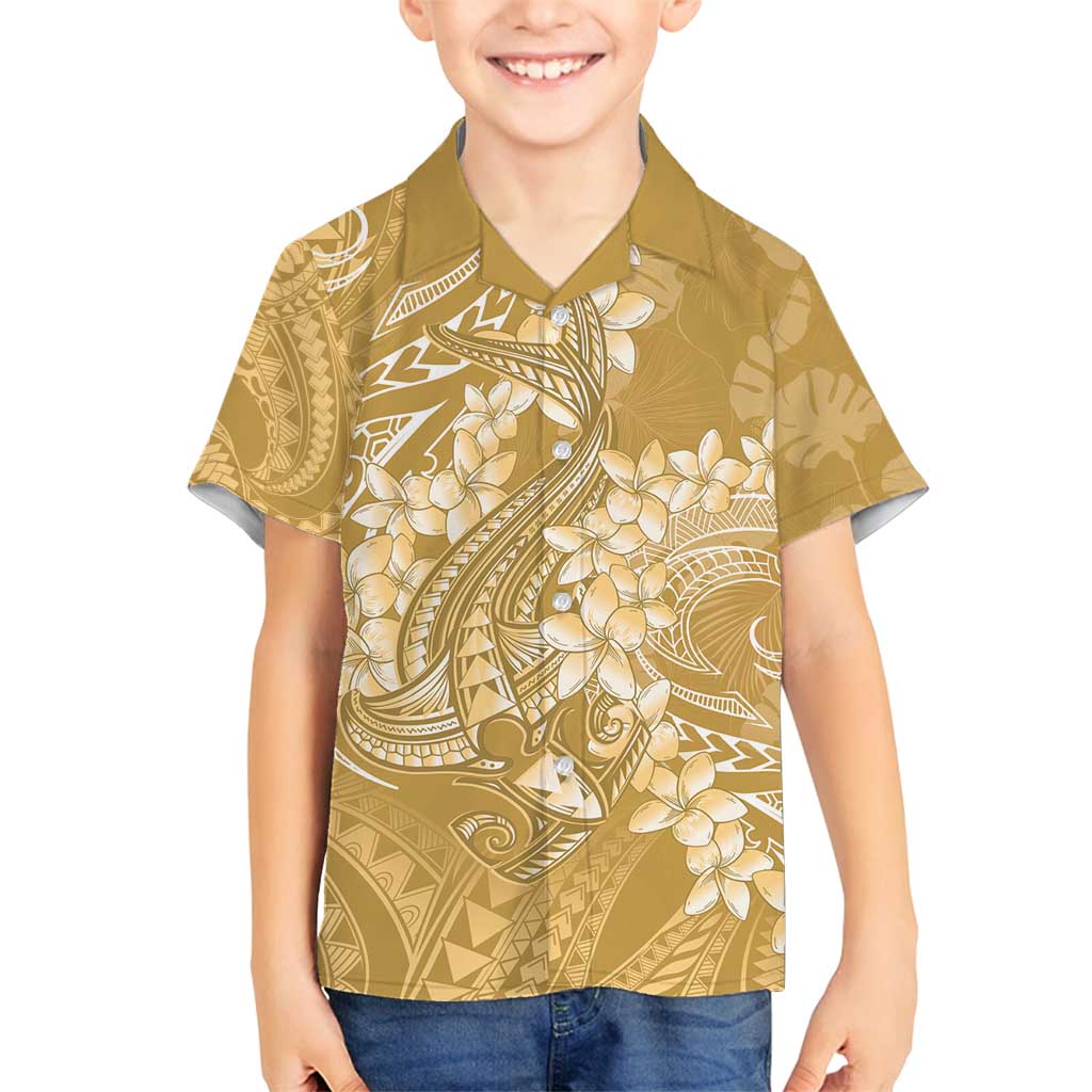 Yellow Polynesia Hammerhead Shark Tattoo With Plumeria Lei Family Matching Off Shoulder Short Dress and Hawaiian Shirt LT14 Son's Shirt Yellow - Polynesian Pride