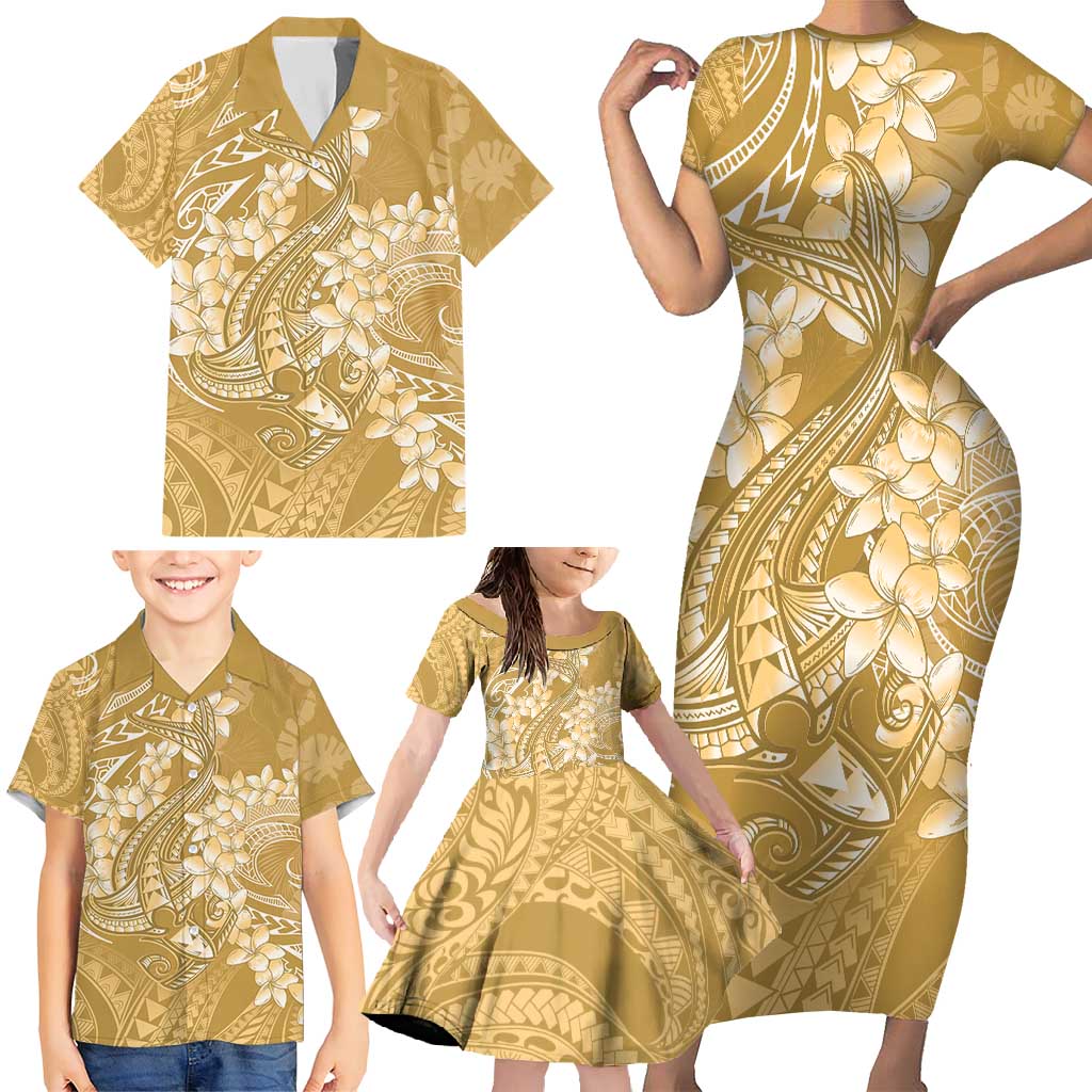 Yellow Polynesia Hammerhead Shark Tattoo With Plumeria Lei Family Matching Short Sleeve Bodycon Dress and Hawaiian Shirt LT14 - Polynesian Pride