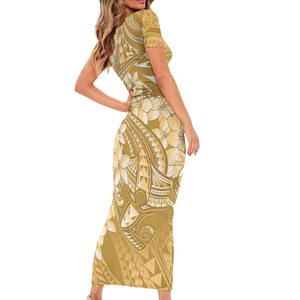 Yellow Polynesia Hammerhead Shark Tattoo With Plumeria Lei Family Matching Short Sleeve Bodycon Dress and Hawaiian Shirt LT14 - Polynesian Pride