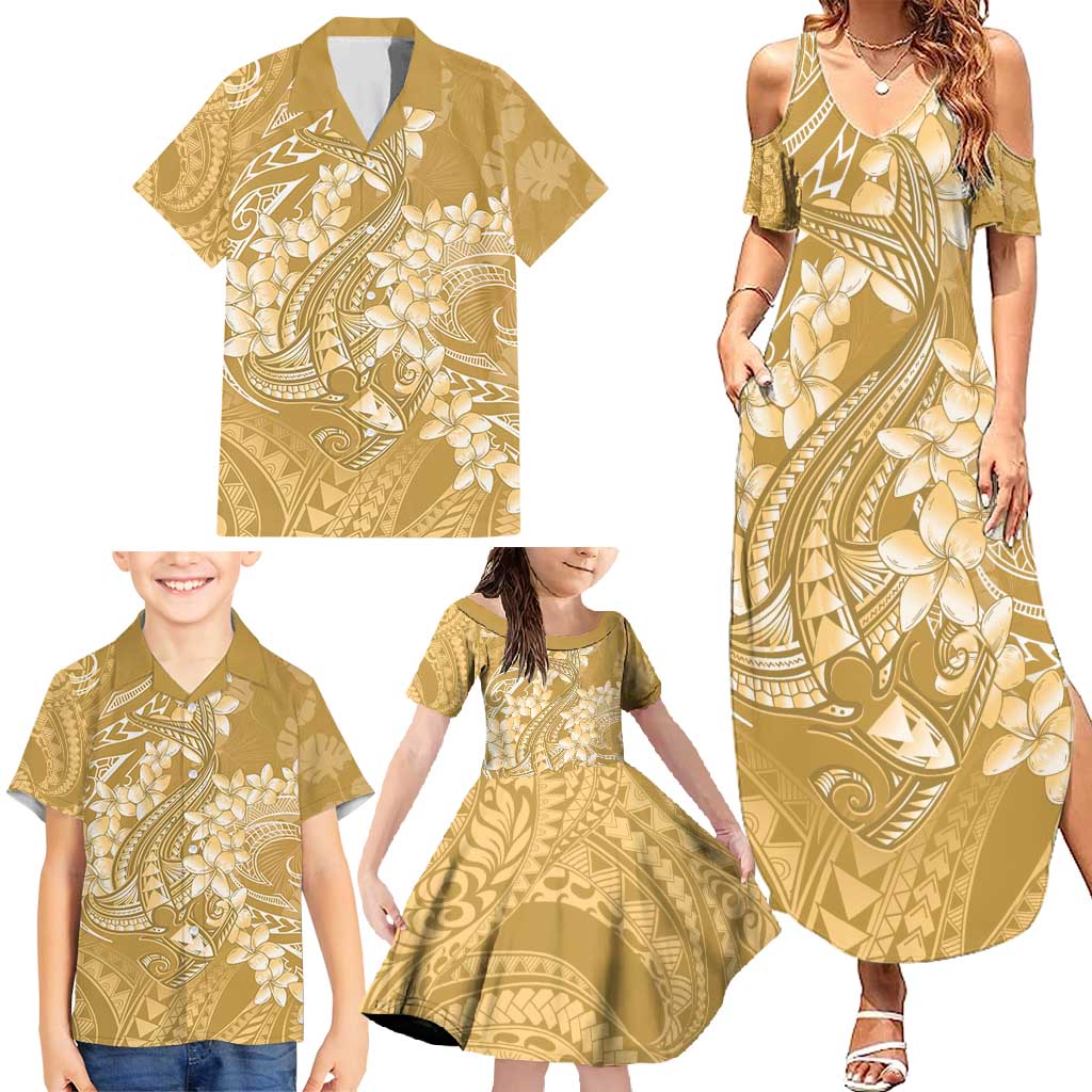 Yellow Polynesia Hammerhead Shark Tattoo With Plumeria Lei Family Matching Summer Maxi Dress and Hawaiian Shirt LT14 - Polynesian Pride