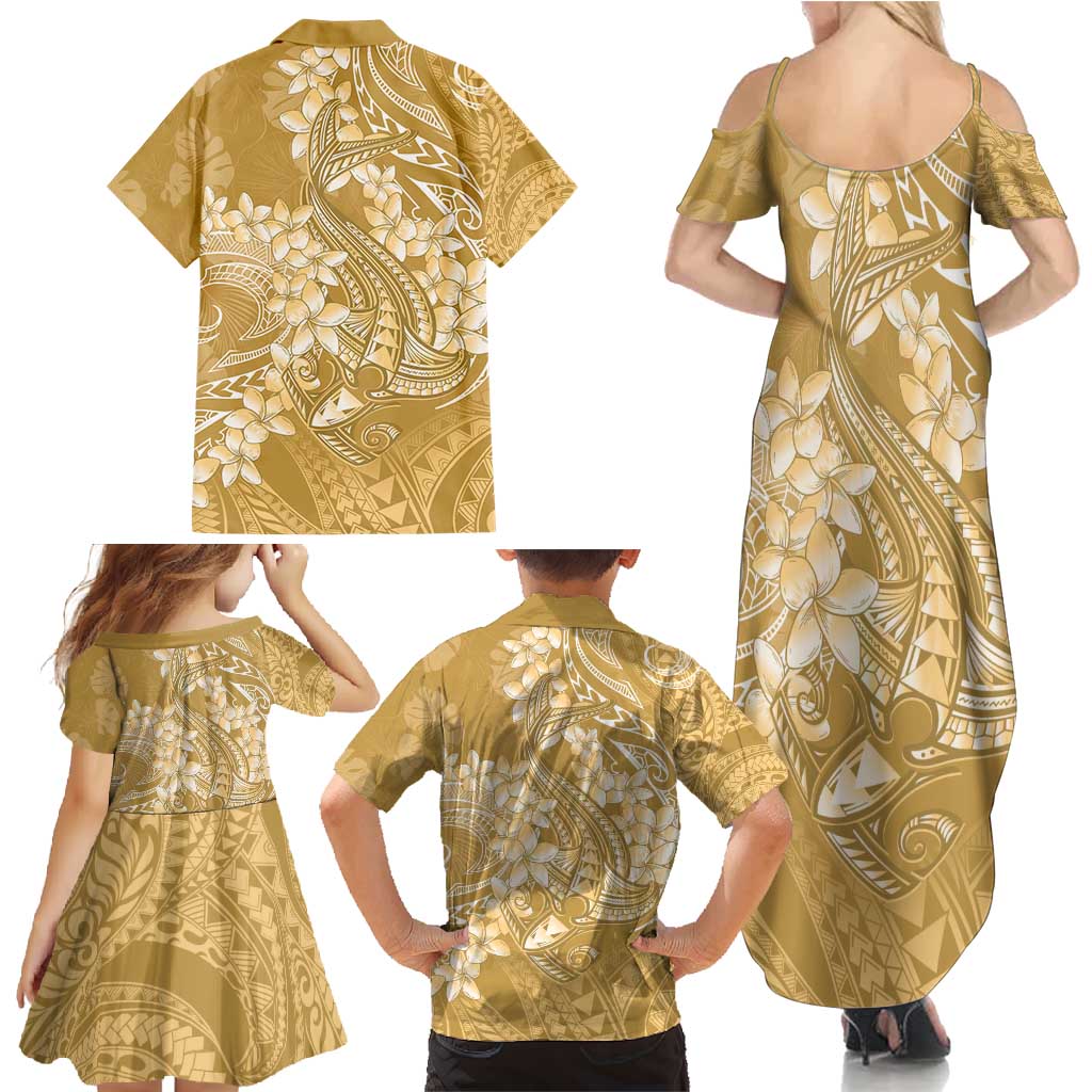 Yellow Polynesia Hammerhead Shark Tattoo With Plumeria Lei Family Matching Summer Maxi Dress and Hawaiian Shirt LT14 - Polynesian Pride