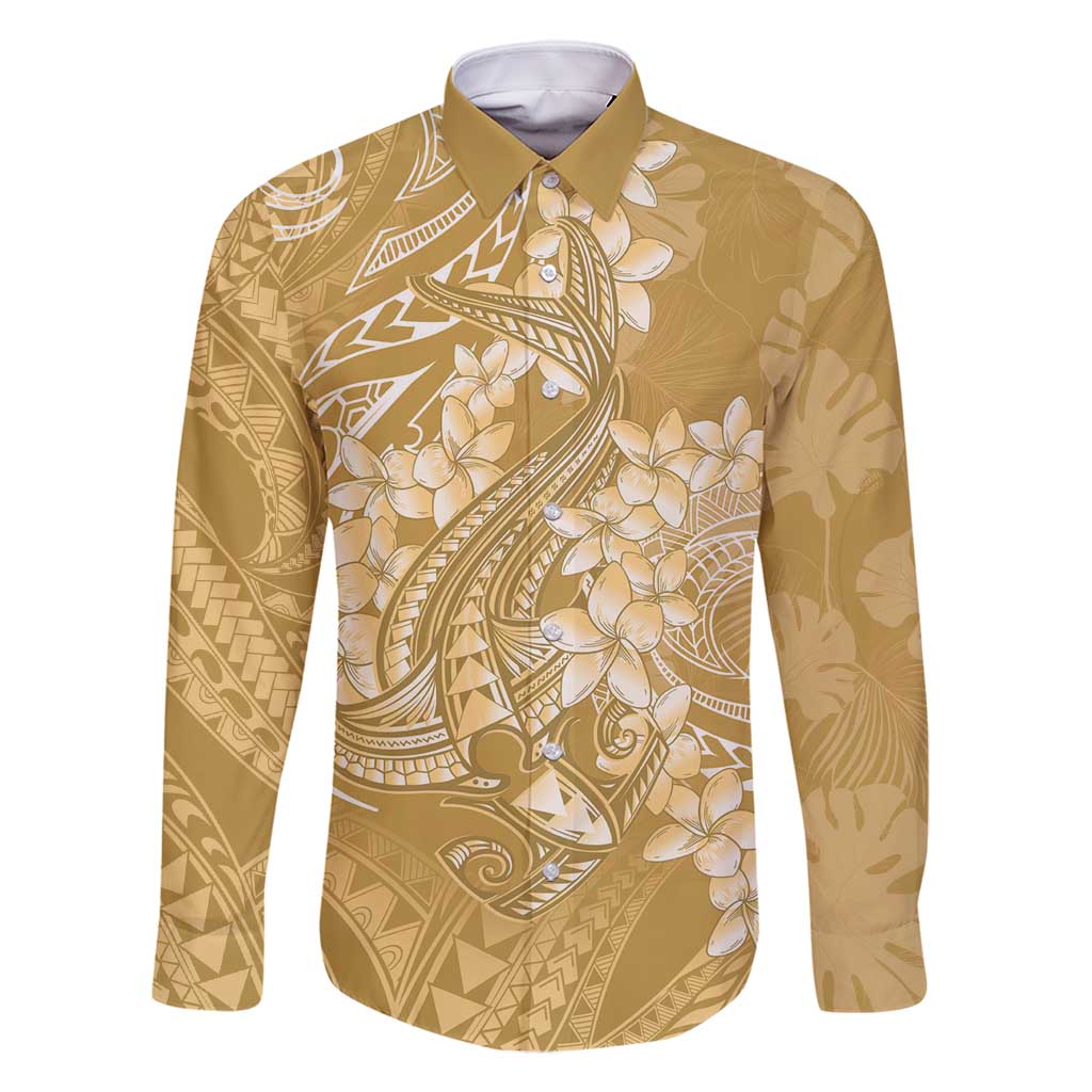Yellow Polynesia Hammerhead Shark Tattoo With Plumeria Lei Family Matching Tank Maxi Dress and Hawaiian Shirt LT14 Dad's Shirt - Long Sleeve Yellow - Polynesian Pride