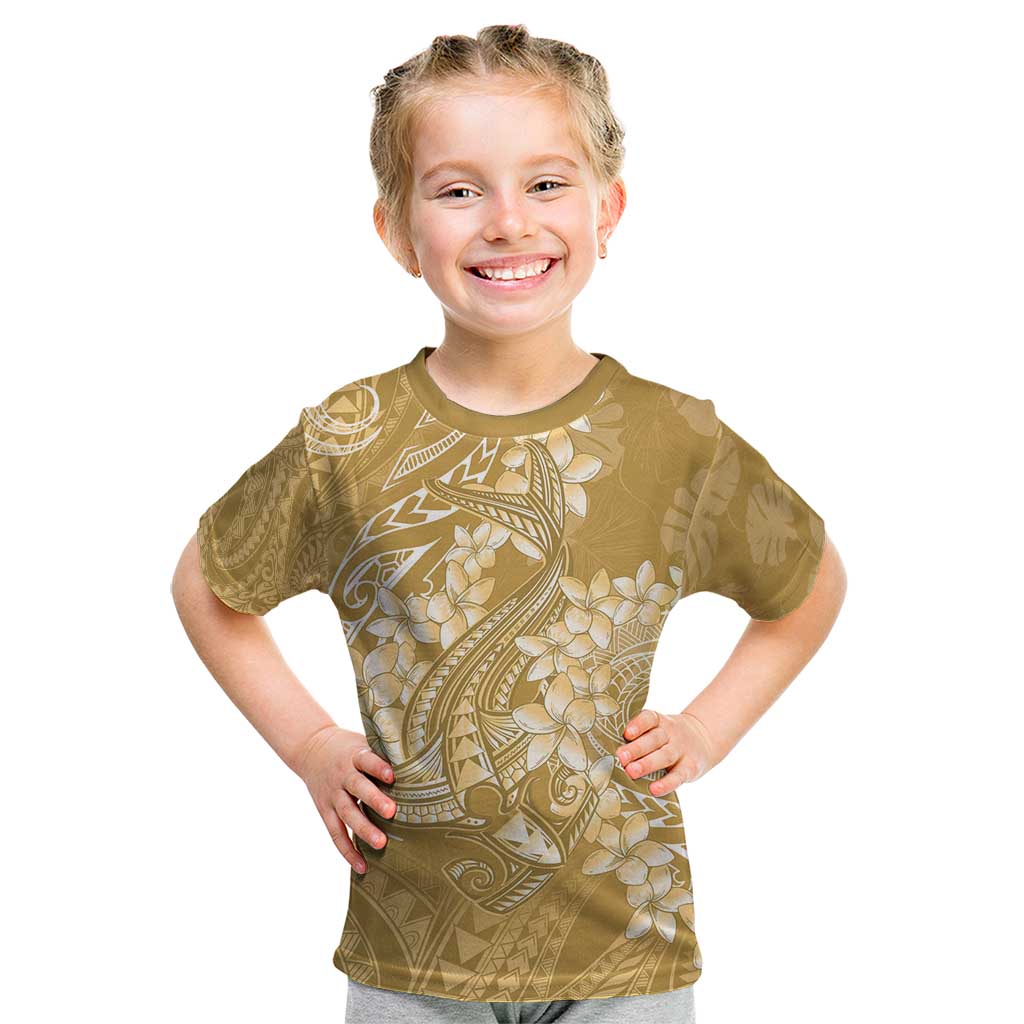 Yellow Polynesia Hammerhead Shark Tattoo With Plumeria Lei Kid T Shirt